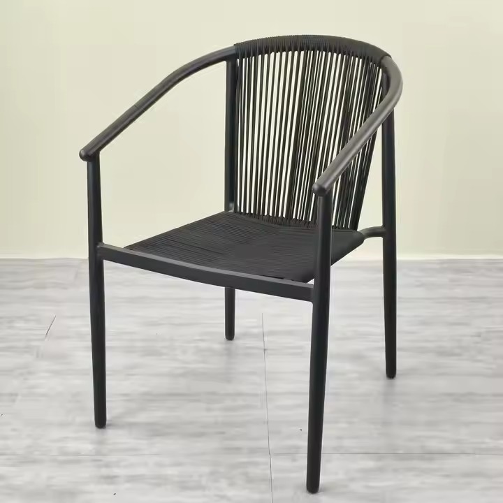 Modern Stackable Black Aluminum Garden Dinning Olefin Rope Chair Outdoor Restaurant Tavern Terrace Furniture