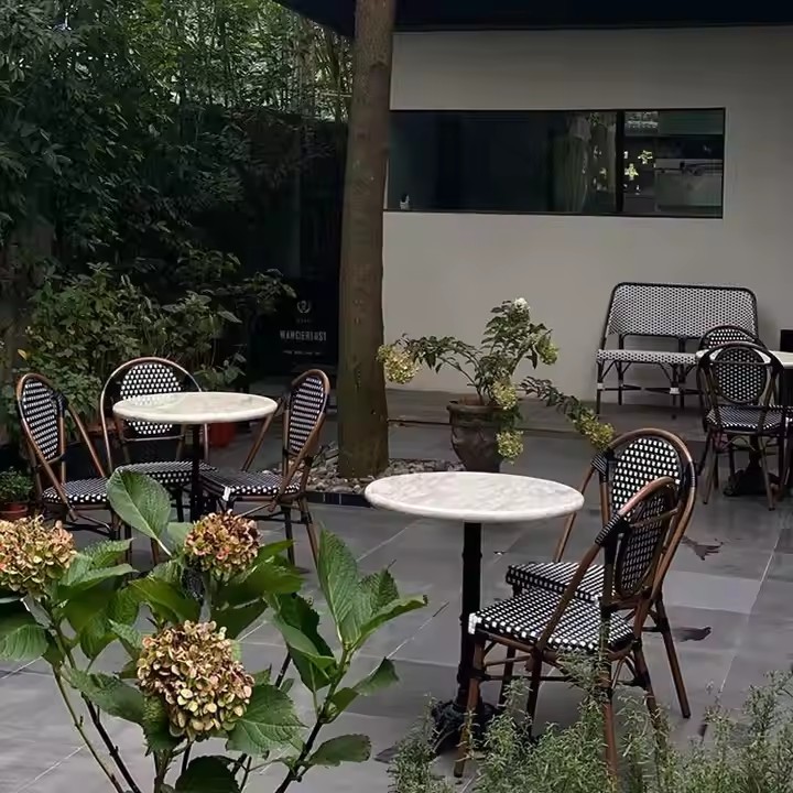 Plastic Patio Aluminum Bamboo Frame French Cafe Bistro Wicker PE Rattan Table and Chair Set Black for Outdoor Garden