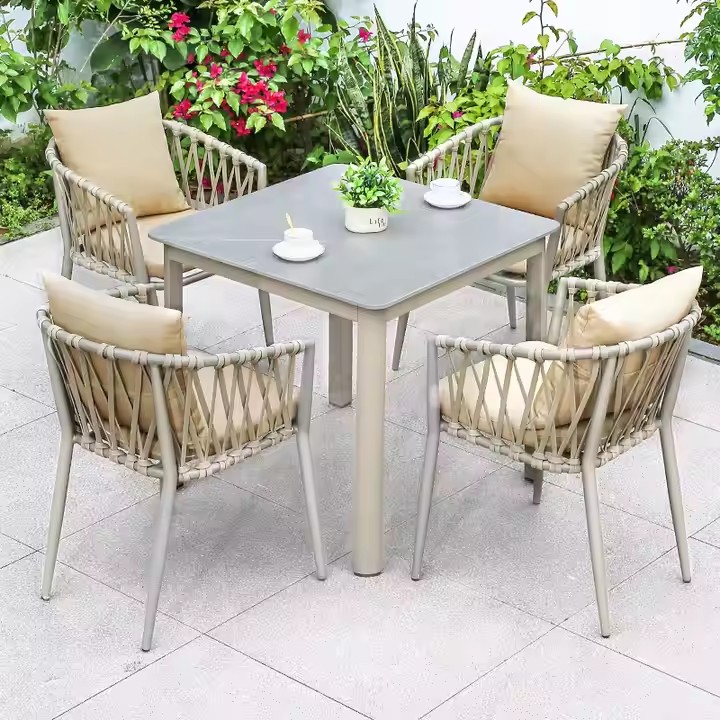 Contemporary Durable All-Weather Waterproof Marble Table and Rope Chair Garden Sets for Restaurants Dining