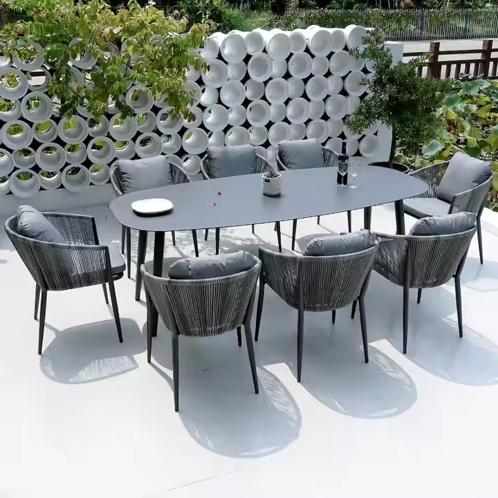 Nordic Luxury Aluminum Outdoor Patio Conversation Table Garden Leisure Dining Table Furniture Set With 8 Chairs