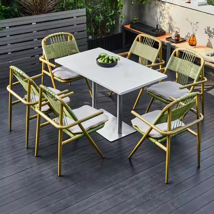 Popular Olive Color Weaving Rattan Wicker Garden Chairs Wiht Rock Slab Table for Outdoor Patio Backyard Restaurant Dining