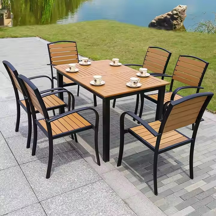 Factory Direct Durable Aluminum Frame Wood Plastic Restaurant Furniture Weather Resistant Outdoor Patio Dining Table Set