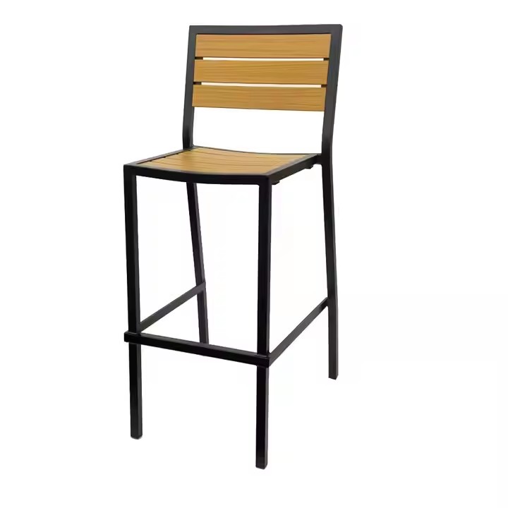 Modern Outdoor Retro Metal Patio Restaurant All Black Aluminum Frame Teak Wood Slat Stacking Bar Height Chair with UV-resistant