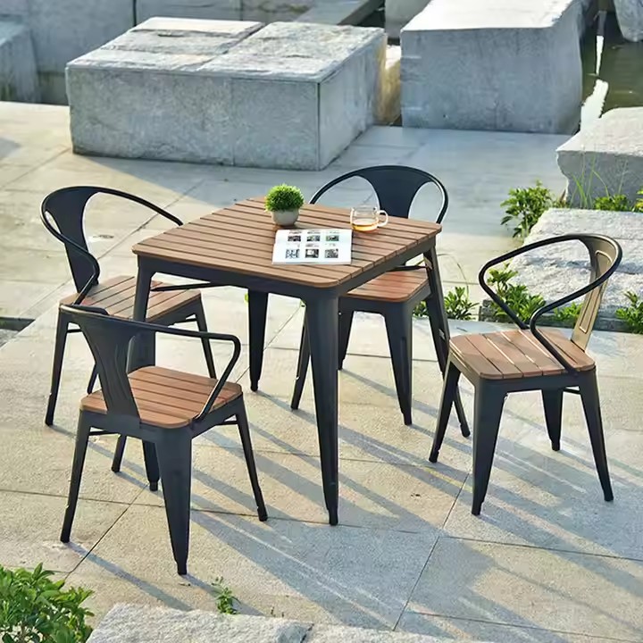 Vintage Plastic Wood Outdoor Patio Table Restaurant Cafe Dining Table and Chairs Wholesale