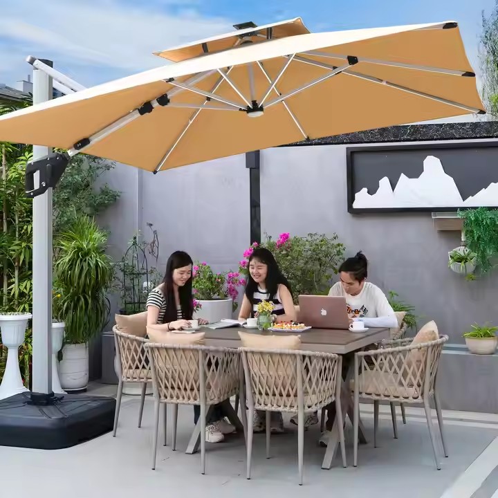 Custom Outdoor Furniture Patio Umbrella Cantilever Solar Powered Double-layer Roman Umbrella for Garden Pool