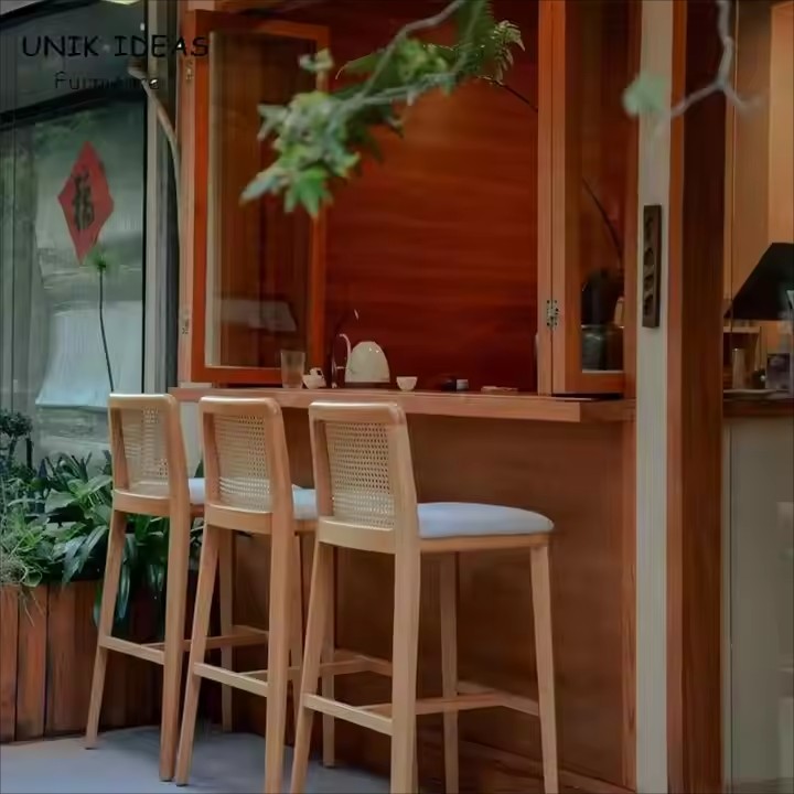 Nordic Modern Coffee Shop Front Counter High bar Stool Garden Courtyard Creative Solid Wood Hand Made Rattan bar Chair