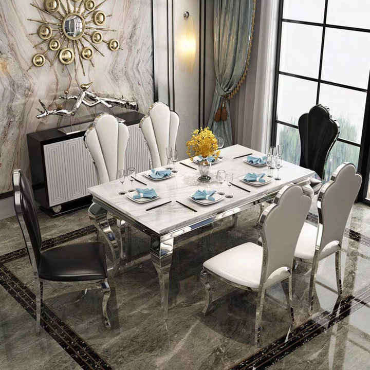 Luxury Stainless Steel Rectangle Marble Dining Table Set Furniture Imported Modern Dining Room Chairs Dining Tables